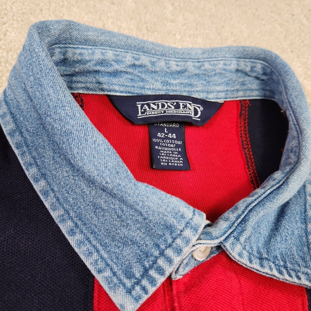 Vintage Lands End Rugby Shirt Men‎ Large Denim Chunky Vertical Striped Blue Red - Picture 3 of 9